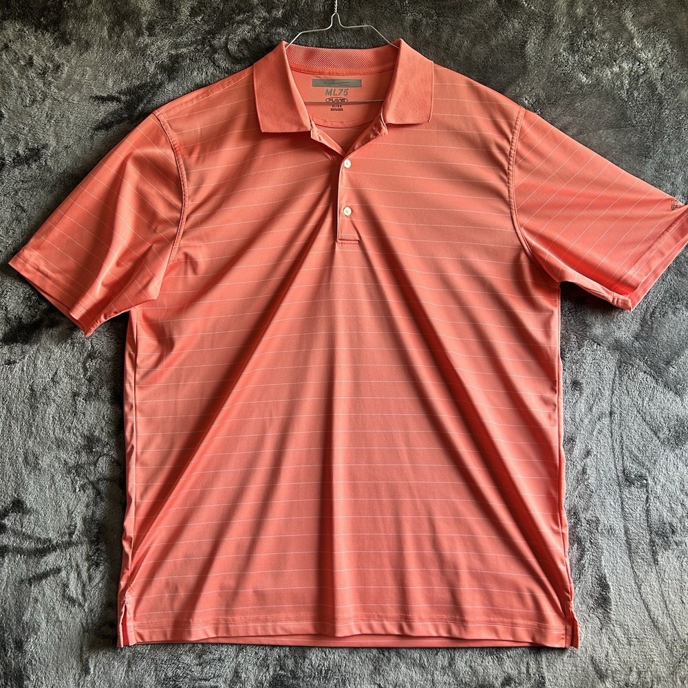 Greg Norman ML75‎ Polo Shirt Mens XL Orange Stripe Play Dry Golf Shark Wicking